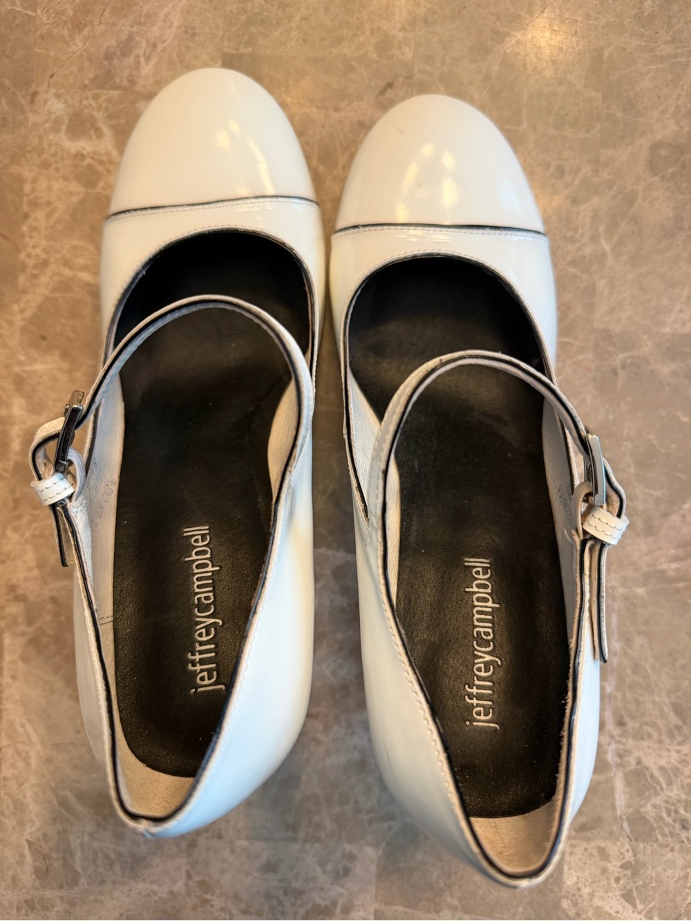 Jeffrey Campbell White Leather Mary Jane Slingback Flats with Black Insole